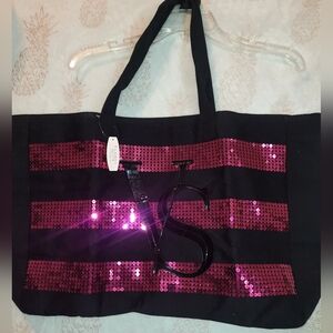 Victoria's Secret Black Tote with Pink Sequin Stripes